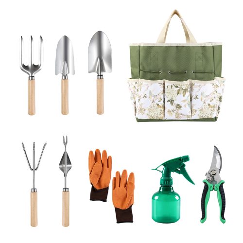 Jeedeson 9‑Piece Wooden Handle Gardening Tool Set with Floral Canvas Storage Tote Bag 11.8 in.