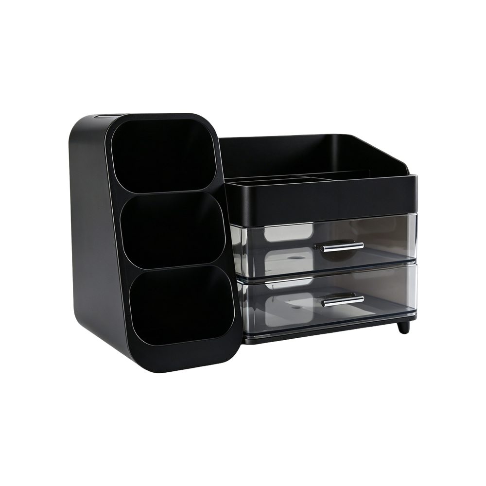 Jeedeson Black Large Capacity Plastic Makeup Organizer with Brush Holder 7.09 in. H