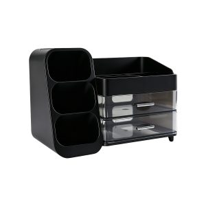 Jeedeson Black Large Capacity Plastic Makeup Organizer with Brush Holder 7.09 in. H