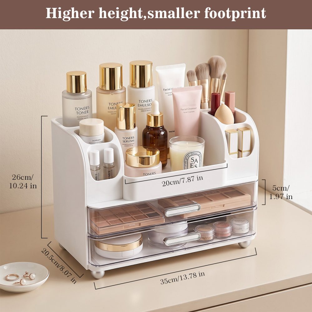 Jeedeson White Multi‑Compartment Plastic Makeup Organizer with Clear Drawers 10.24 in. H